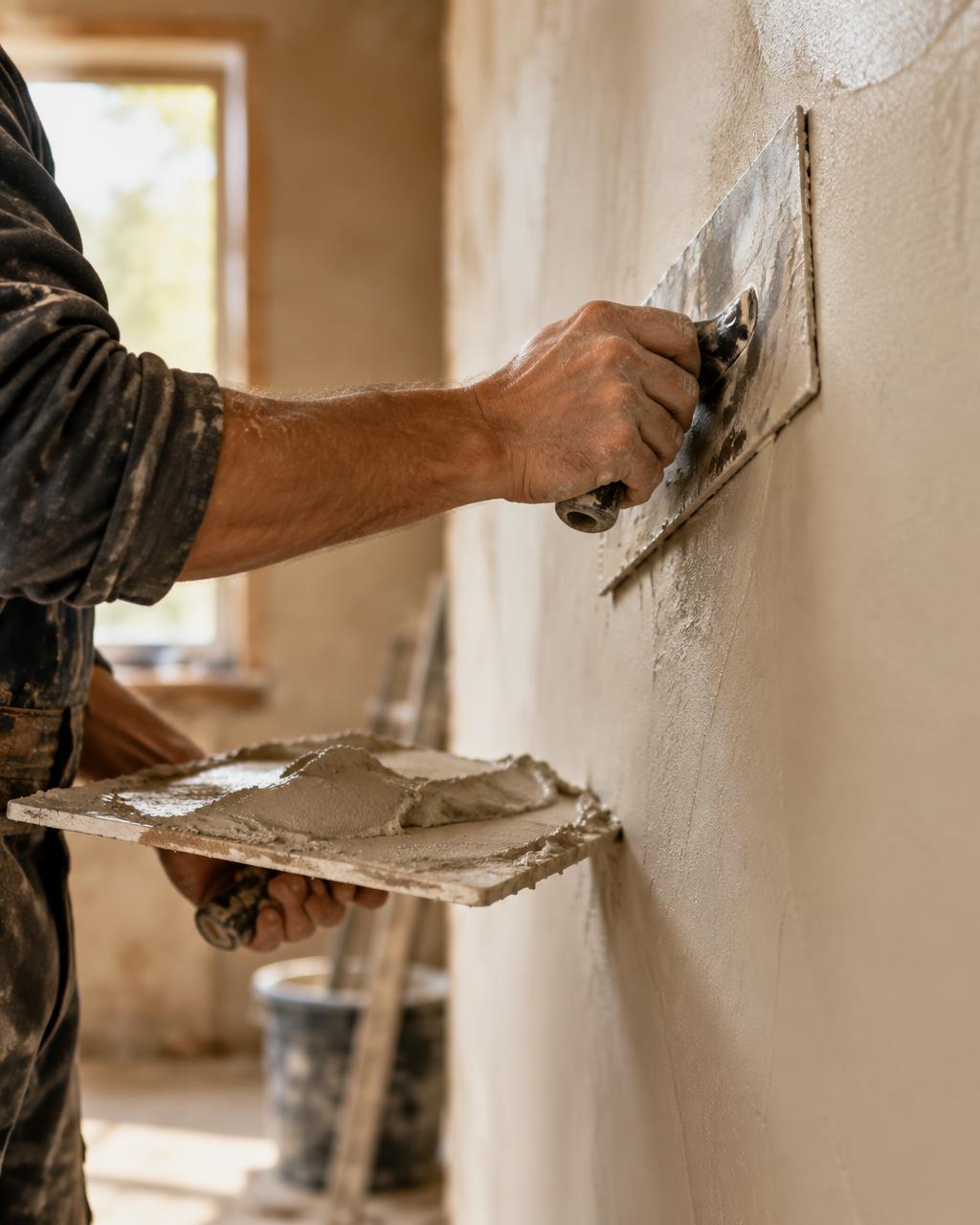 Close-up of plaster being smoothed with a steel trowel