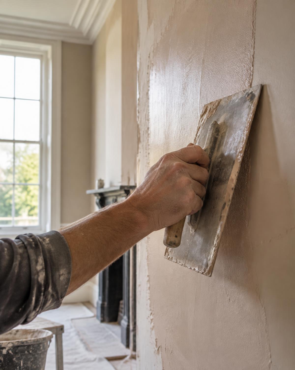A plasterer applying a smooth finish to an interior wall