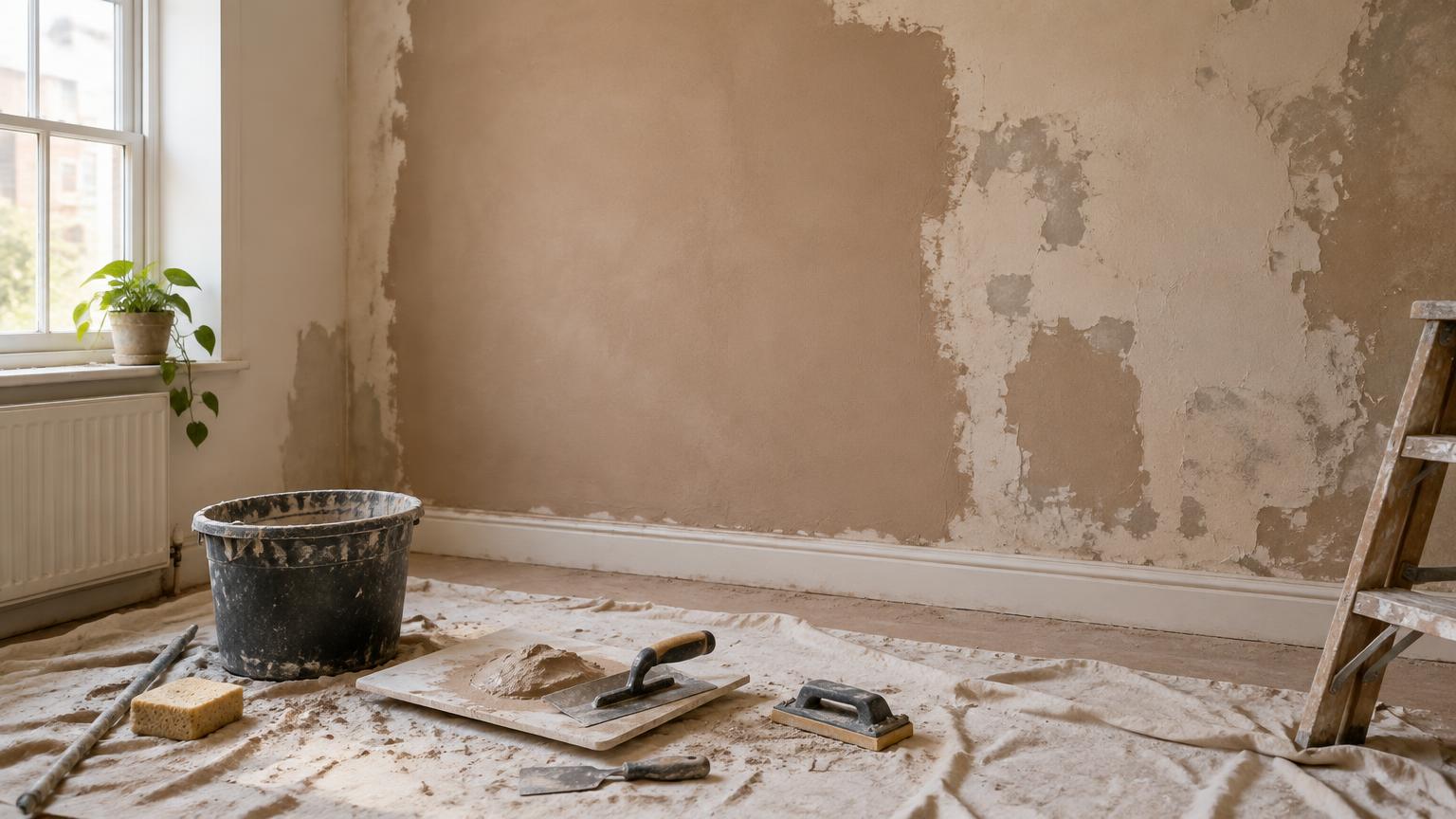 Room prepared for plastering with tools on a dust sheet