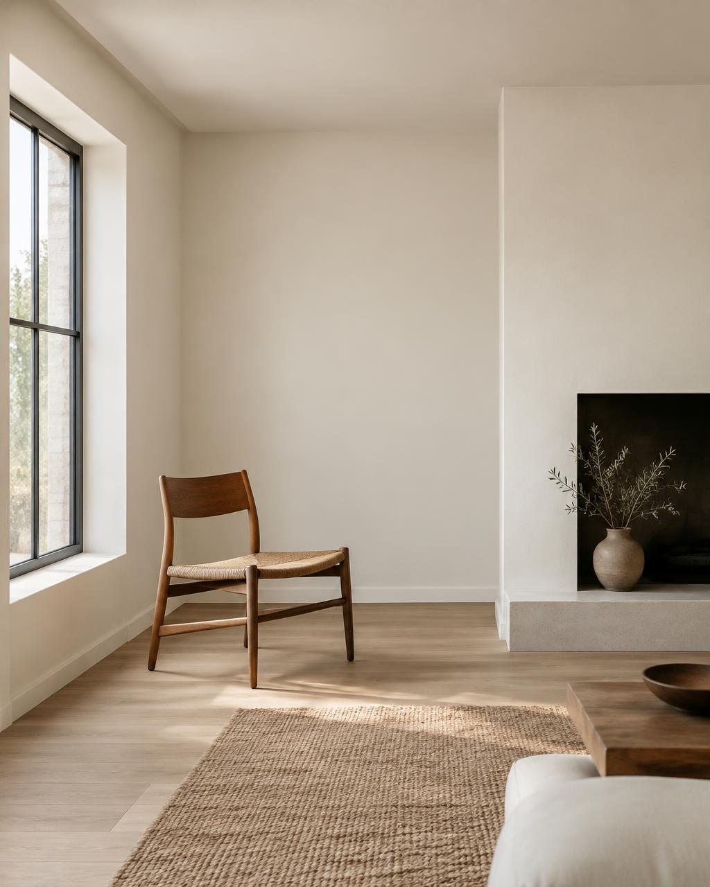 Freshly plastered and painted living room with a flawless off-white finish