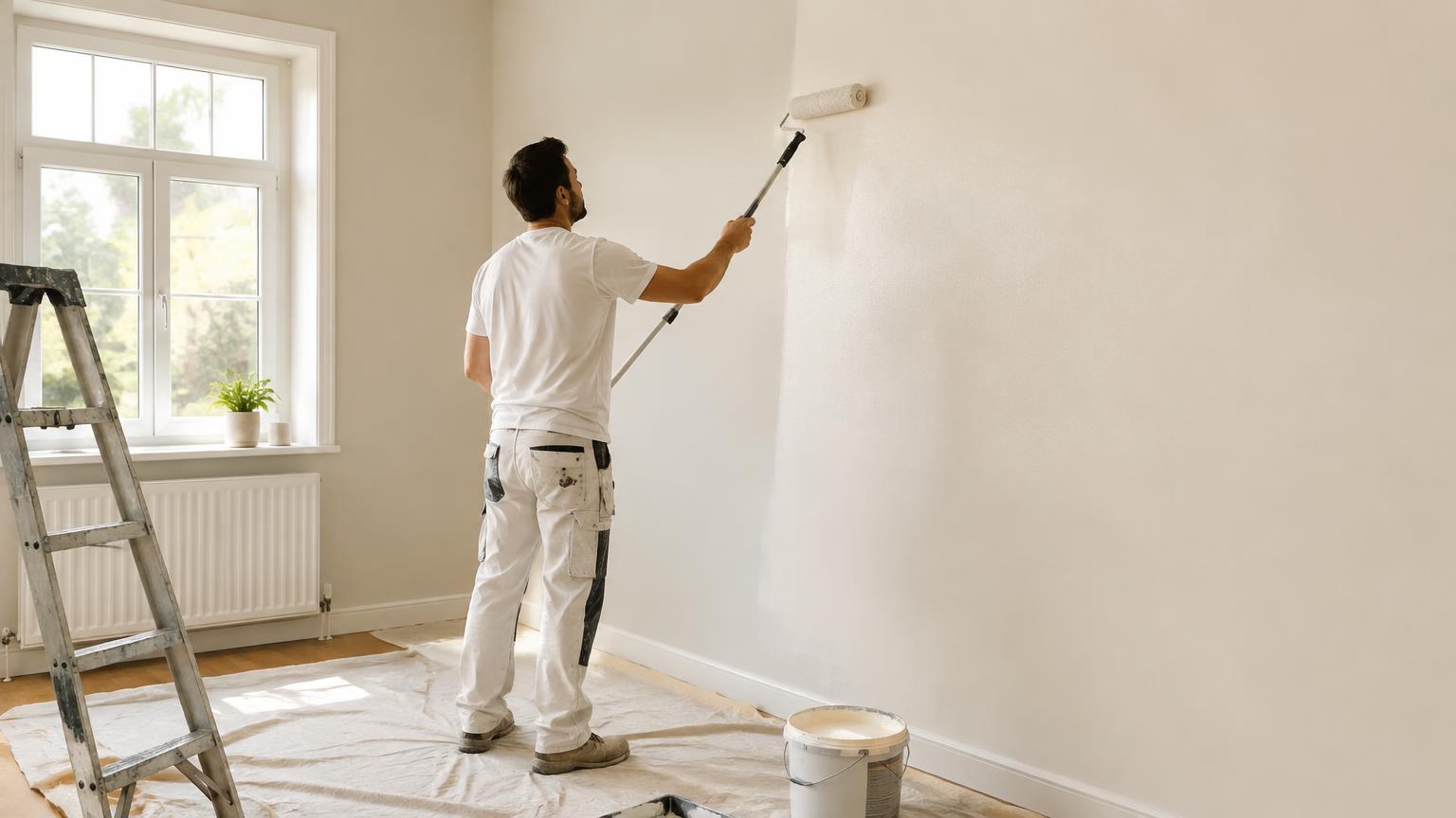 Decorator rolling warm white paint onto an interior wall